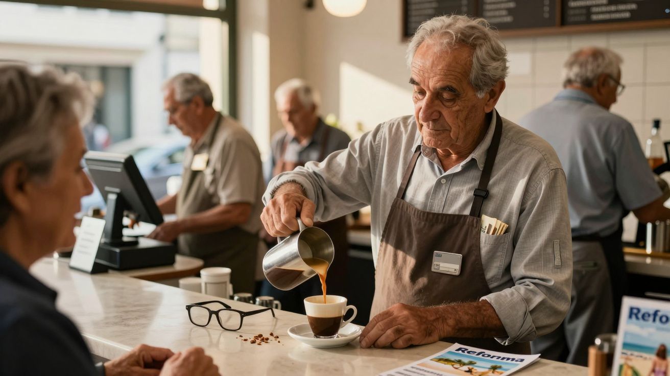 Idoso a servir café para cliente num café com outros empregados ao fundo.