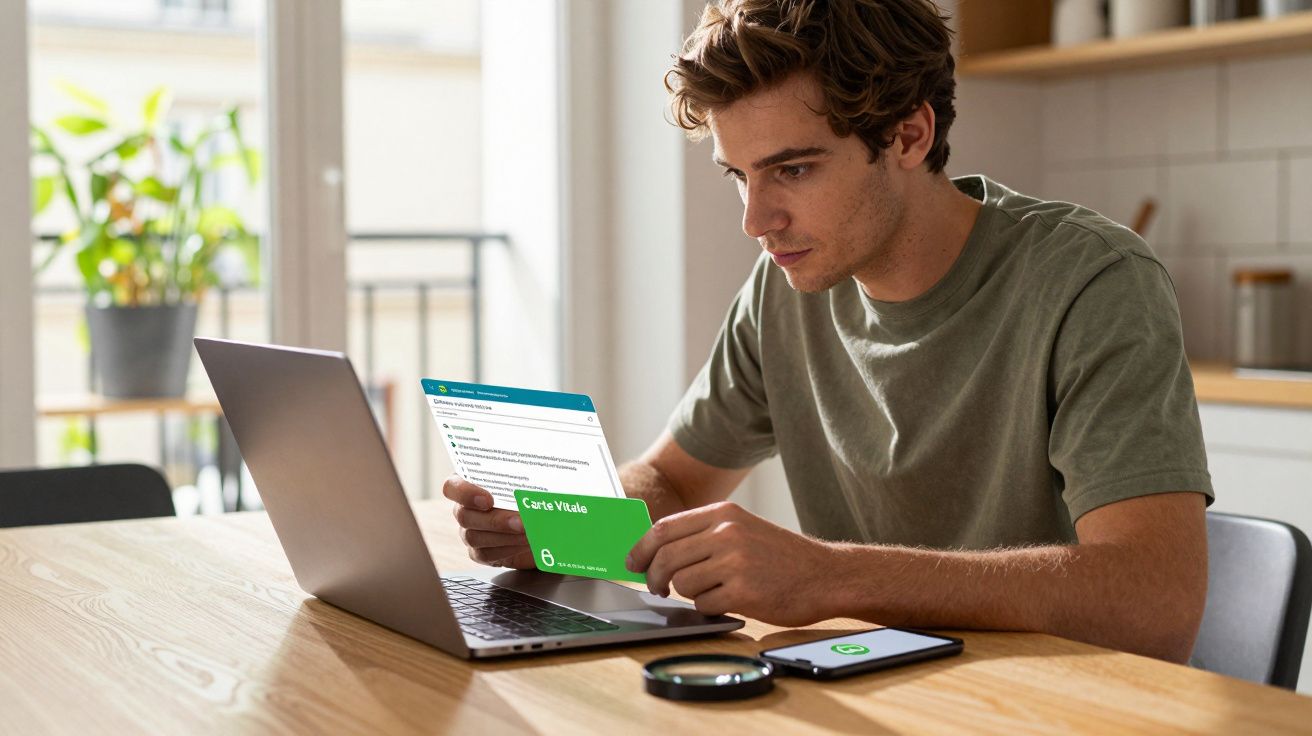 Jovem sentado a consultar documentos relacionados com saúde num computador portátil numa mesa de cozinha.