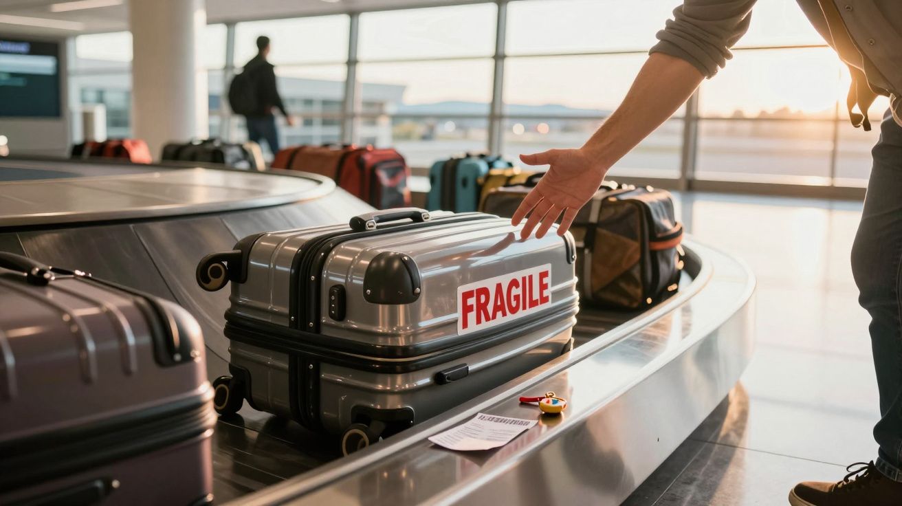 Mala prateada com etiqueta "FRAGILE" numa esteira de bagagens num aeroporto, pessoa alcançando a mala.