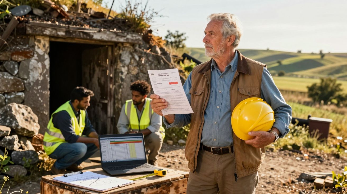 Homem mais velho com capacete e documentos num canteiro de obras ao ar livre com dois jovens ao fundo.