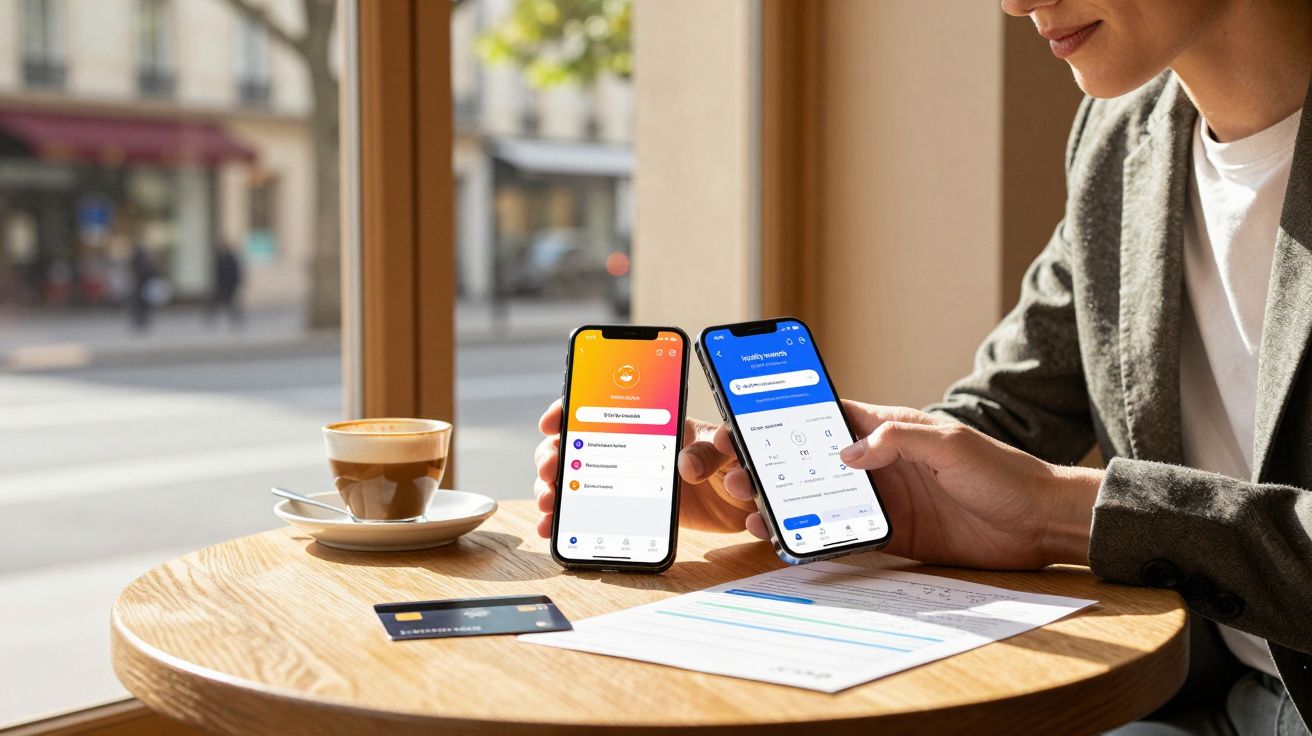 Pessoa sentada numa mesa redonda de madeira segura dois telemóveis com aplicações financeiras abertas.