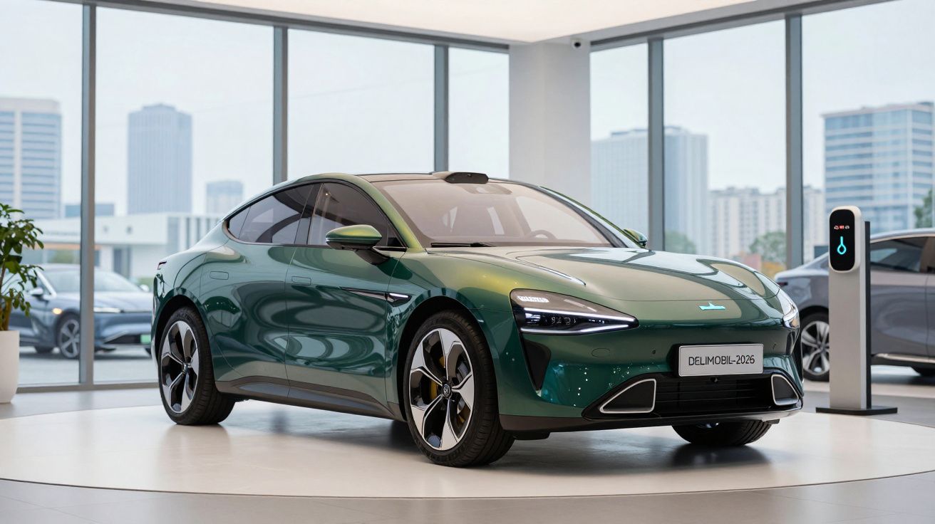 Carro elétrico verde escuro estacionado numa sala de exposição moderna com grandes janelas e carregador elétrico.