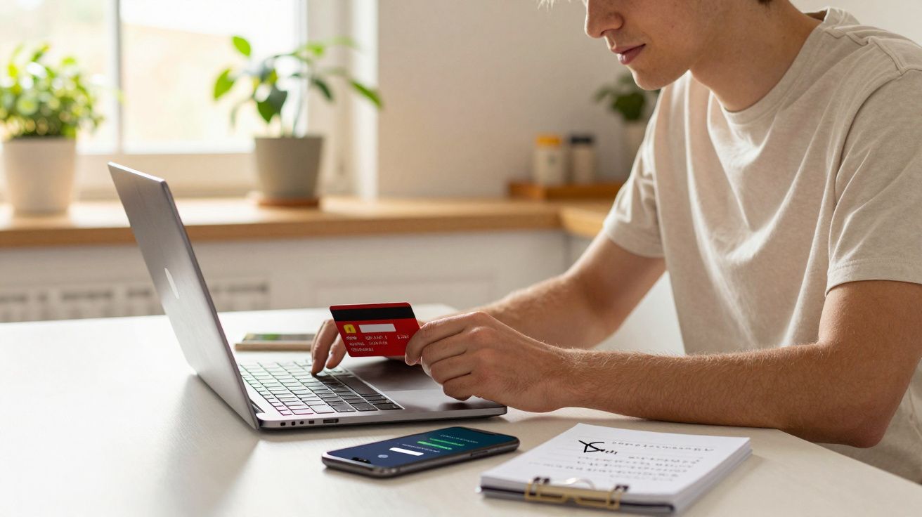 Jovem a usar cartão de crédito e computador portátil para fazer compras online num ambiente luminoso.