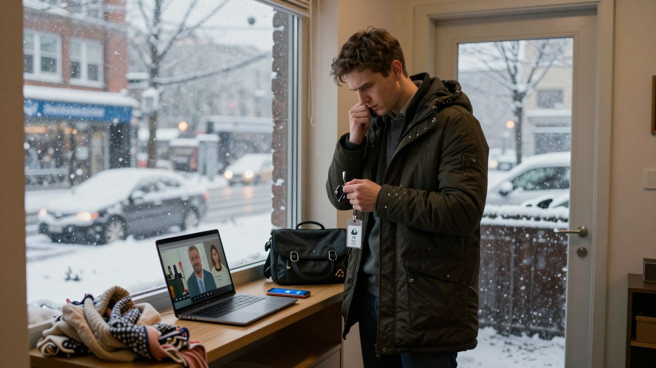 Homem em casaco de inverno fala ao telefone perto de laptop com videoconferência, com neve fora da janela.