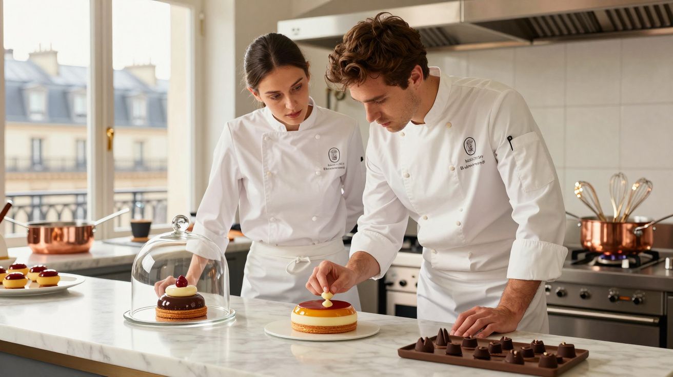 Dois chefs em uniforme branco a decorar sobremesas numa cozinha profissional moderna.