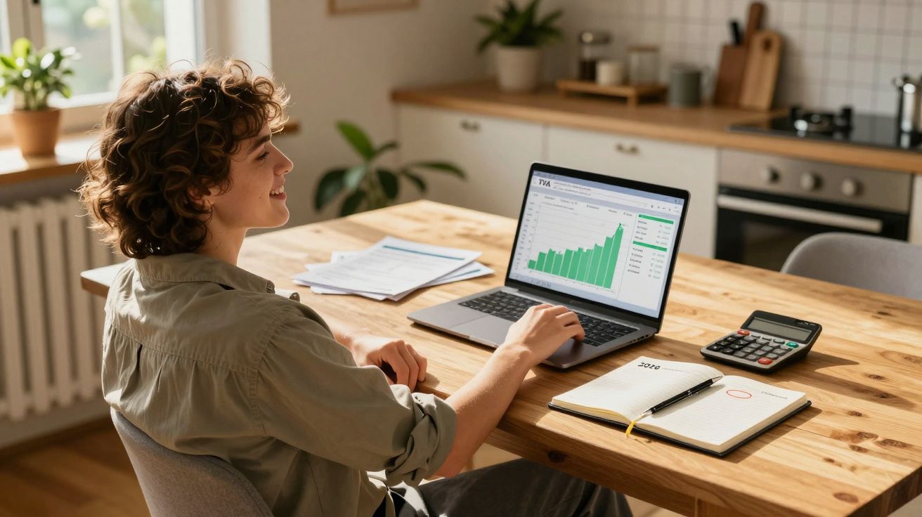 Pessoa sentada a trabalhar em gráfica de barras num portátil numa cozinha com calculadora, cadernos e papéis.