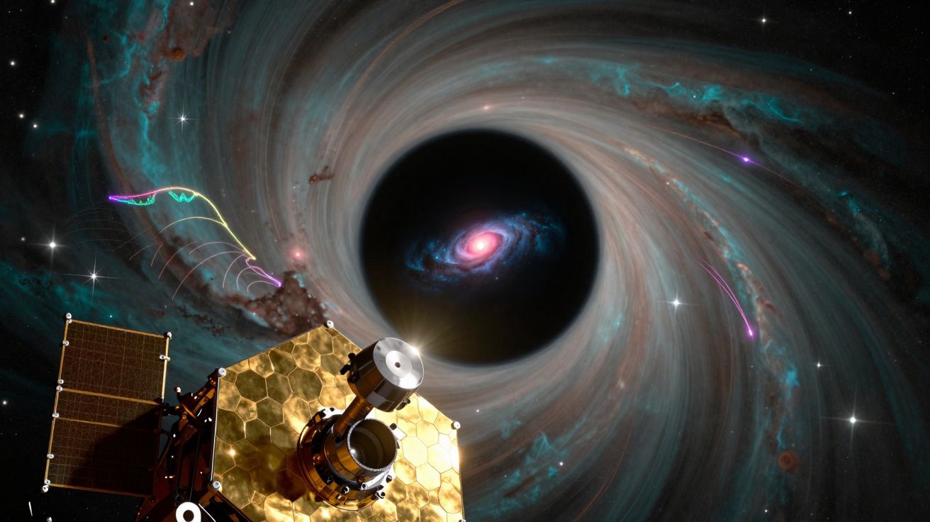Nave espacial a observar um buraco negro com galáxia e estrelas ao fundo no espaço profundo.