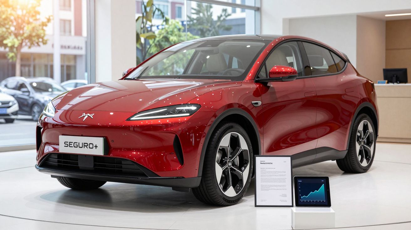 Carro elétrico vermelho elegante em exposição interior com placa "SEGURO+" e tablet com gráfico azul.