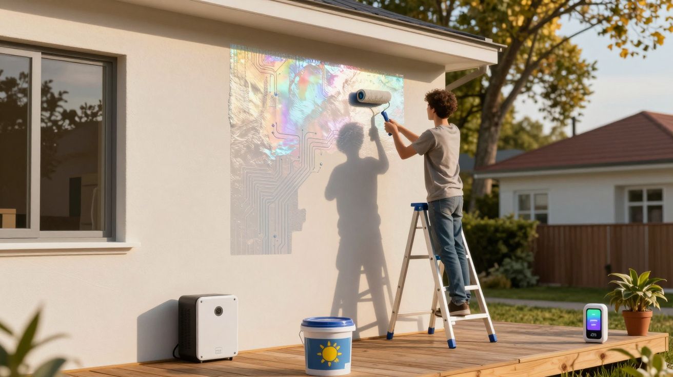 Pessoa jovem a pintar um padrão digital colorido com rolo numa parede exterior de uma casa.