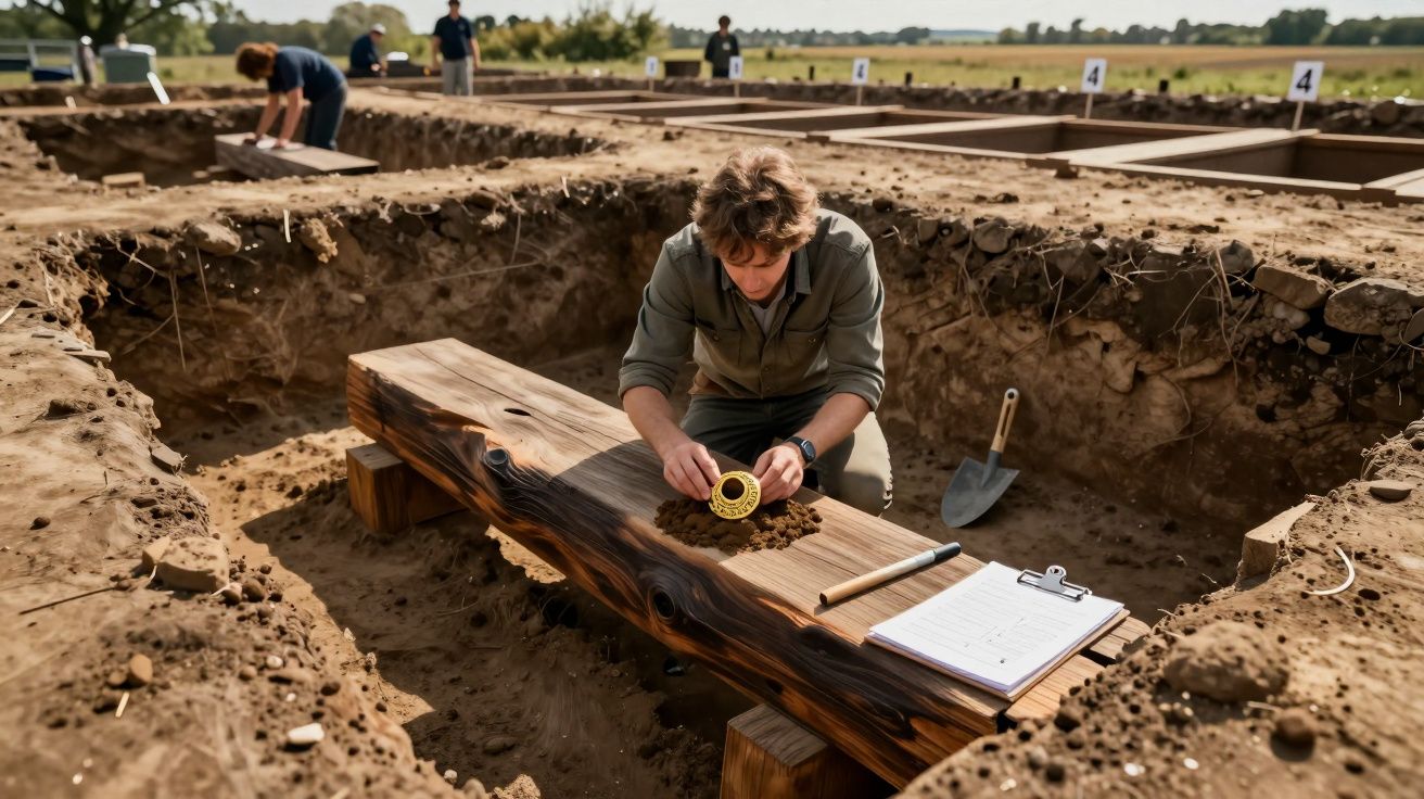 Arqueólogo a examinar artefacto circular em escavação ao ar livre com ferramentas e bloco de notas.