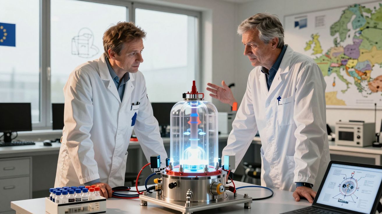 Dois cientistas com bata branca observam um reator reseachador em laboratório moderno com mapas e equipamentos.