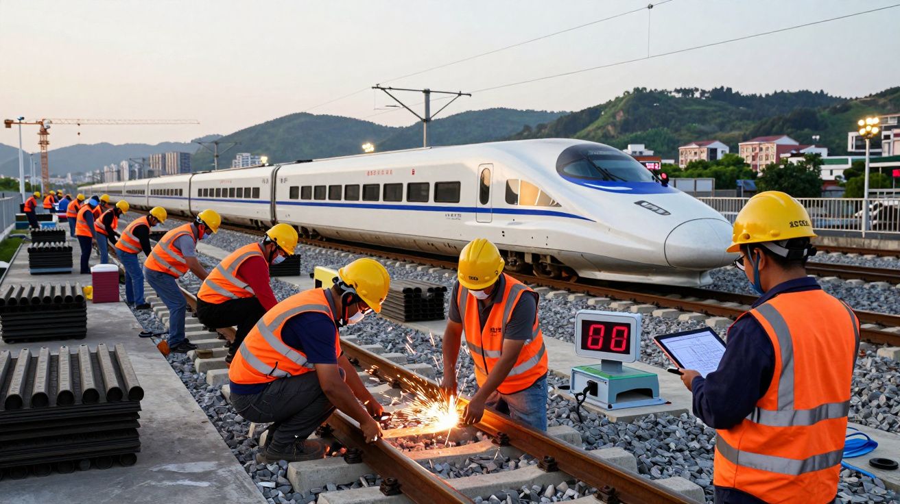 Trabalhadores com coletes e capacetes amarelos a soldar carril junto a um comboio de alta velocidade numa linha ferroviária.