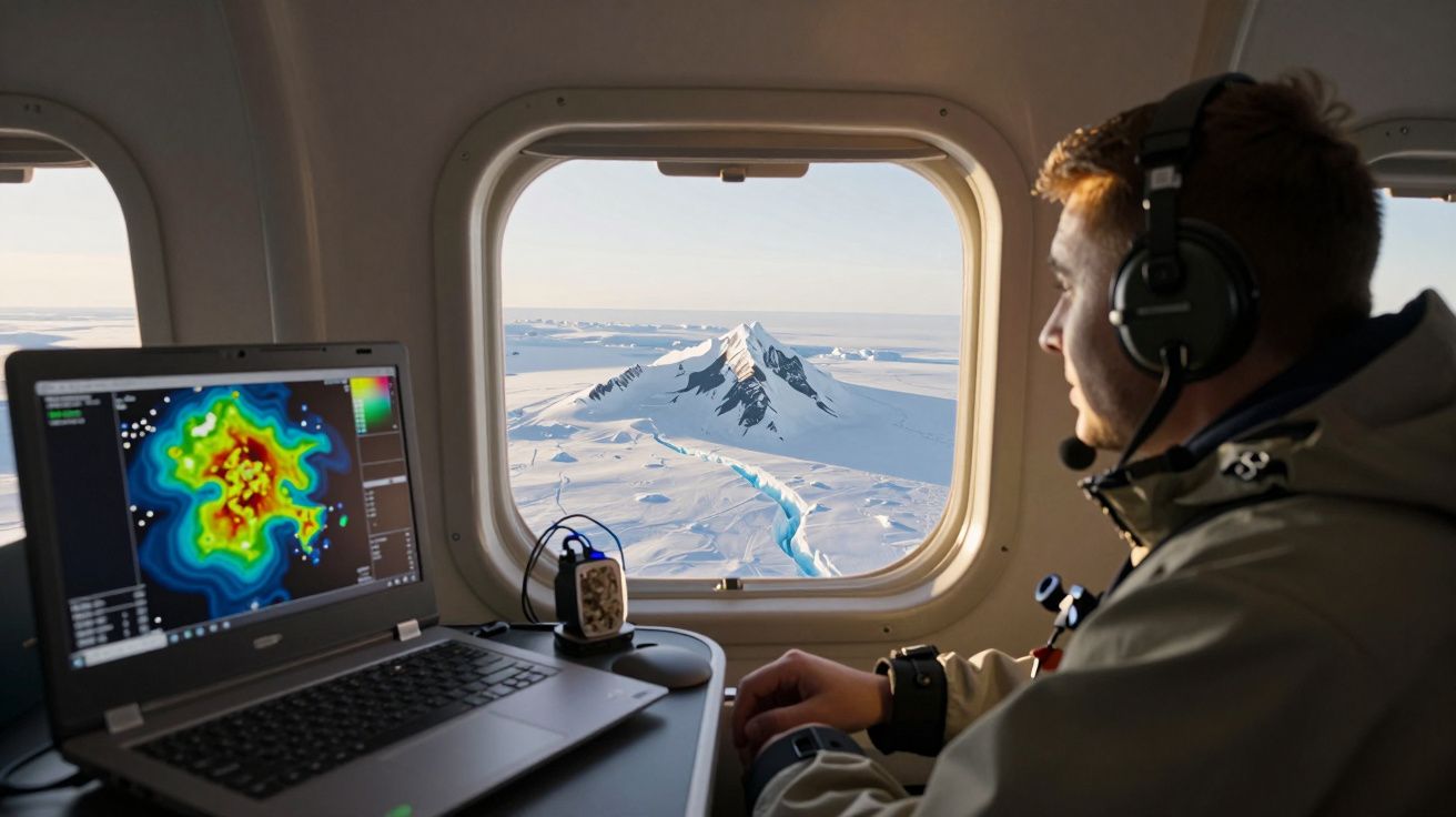 Homem com headphones observa paisagem nevada e computador com dados em avião sobre a Antártida.