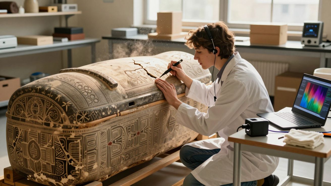Conservador a restaurar um sarcófago antigo com ferramentas especializadas num laboratório com computador.