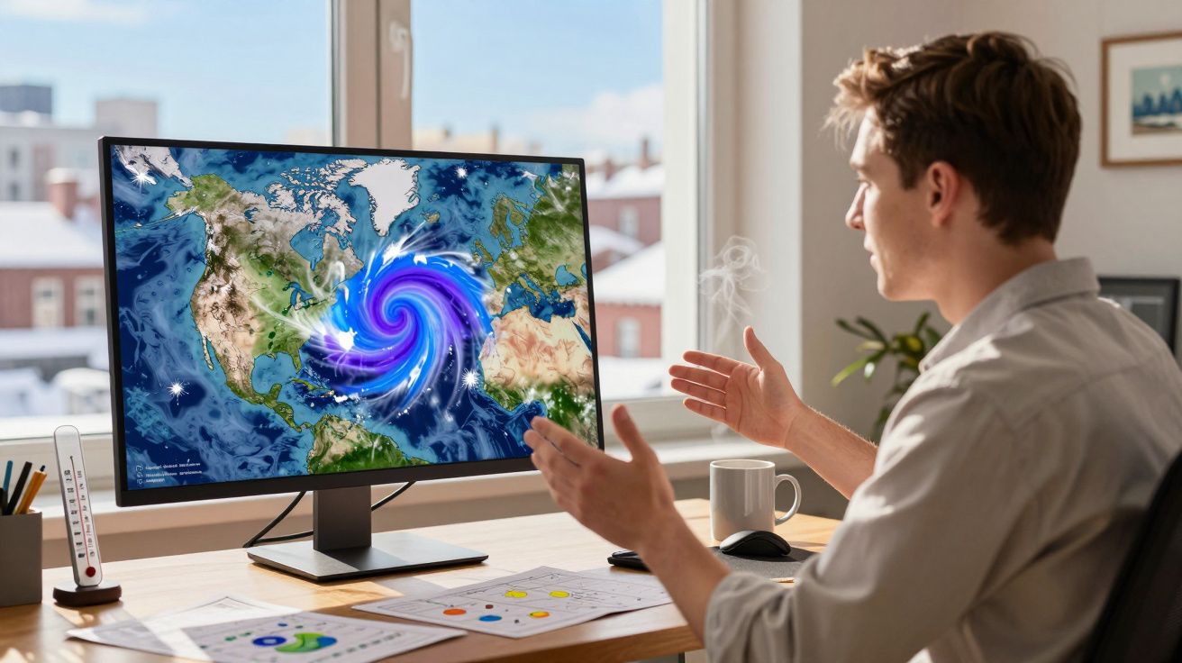 Homem a analisar imagens de tempestade no Atlântico num computador numa mesa de escritório iluminada.
