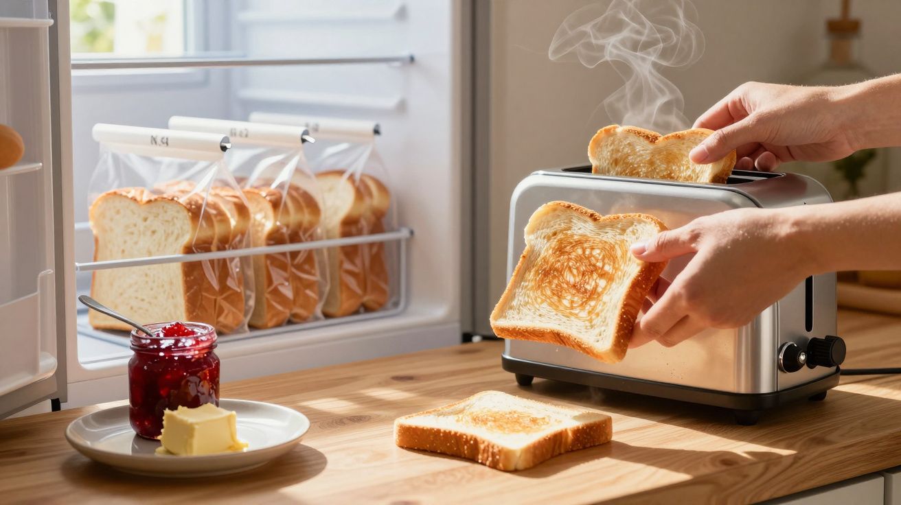 Mãos retiram fatias de pão torrado a sair de torradeira numa cozinha com pão, manteiga e compota.