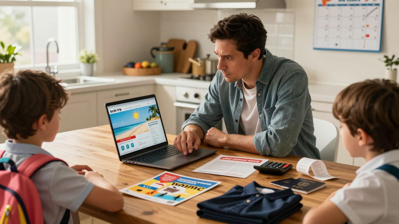 Pai a planear férias com dois filhos, usando computador portátil numa cozinha iluminada.
