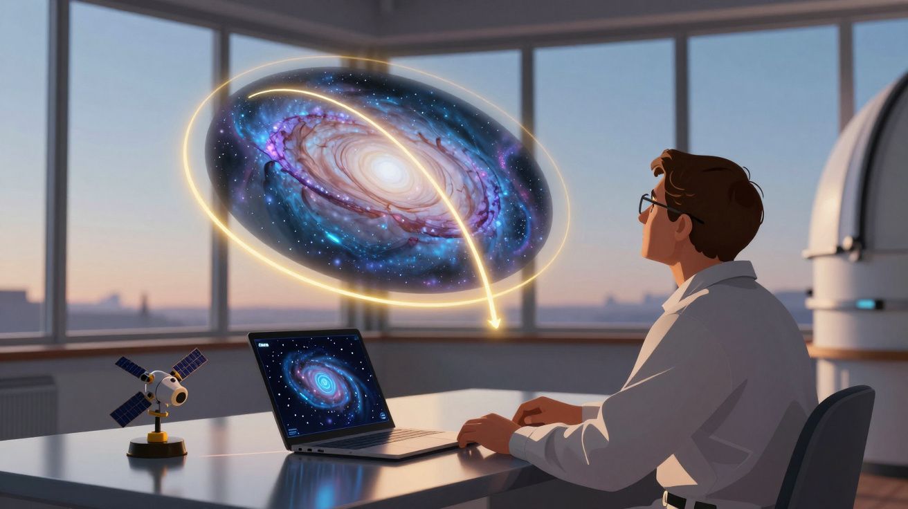 Homem observa no computador uma galáxia holográfica em ambiente de observatório astronómico ao pôr do sol.