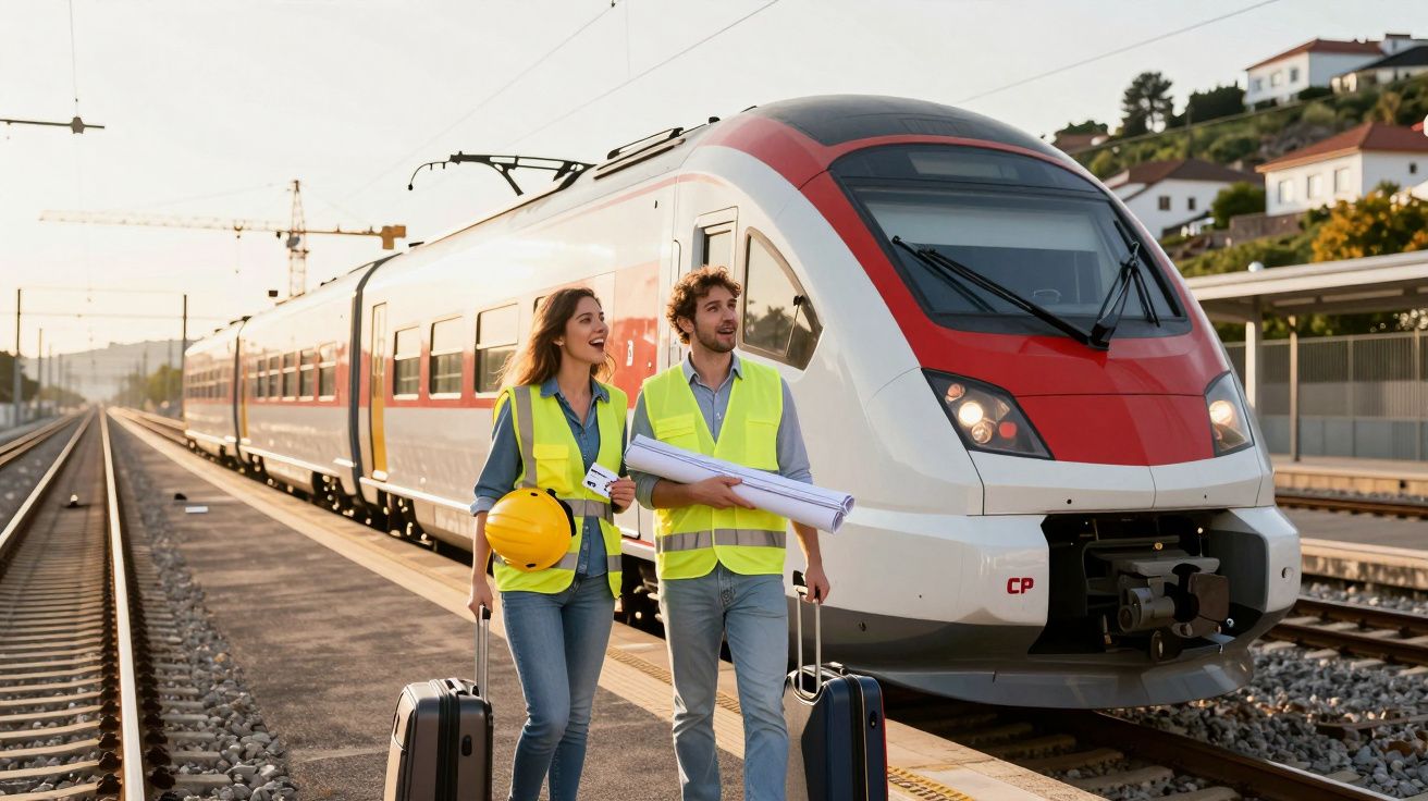 Dois engenheiros com coletes refletivos e bagagem caminham na plataforma ao lado de um comboio moderno.