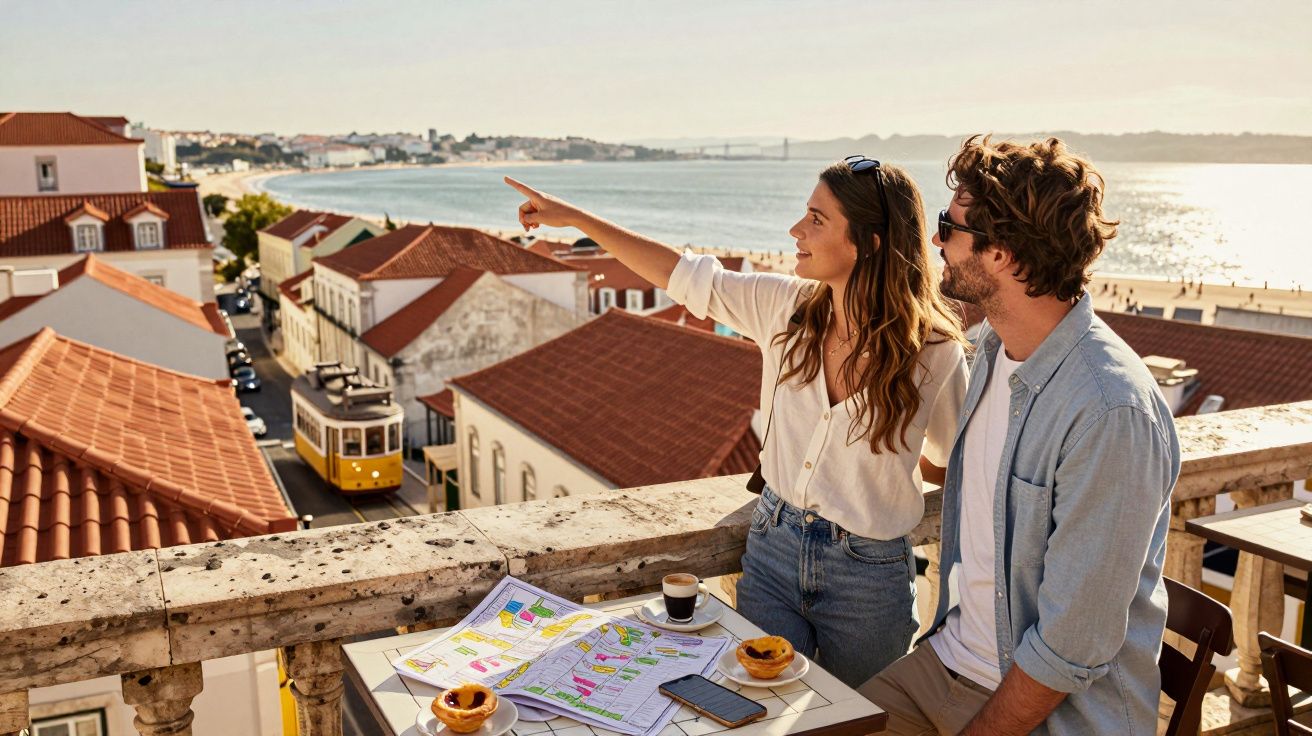 Casal em terraço com vista para Lisboa, apontando para a cidade, mesa com mapas, cafés e pastéis de nata.