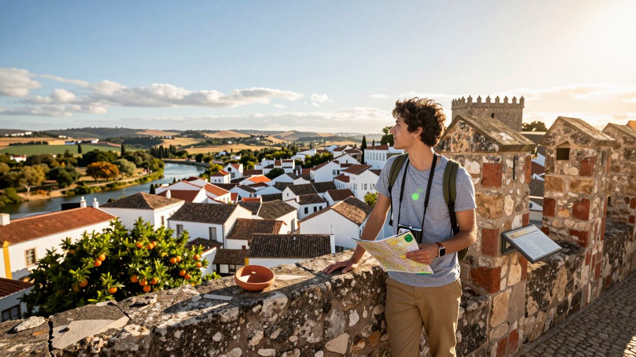 Jovem com mapa na mão observa a paisagem de cidade com casas brancas e telhados vermelhos ao pôr do sol.