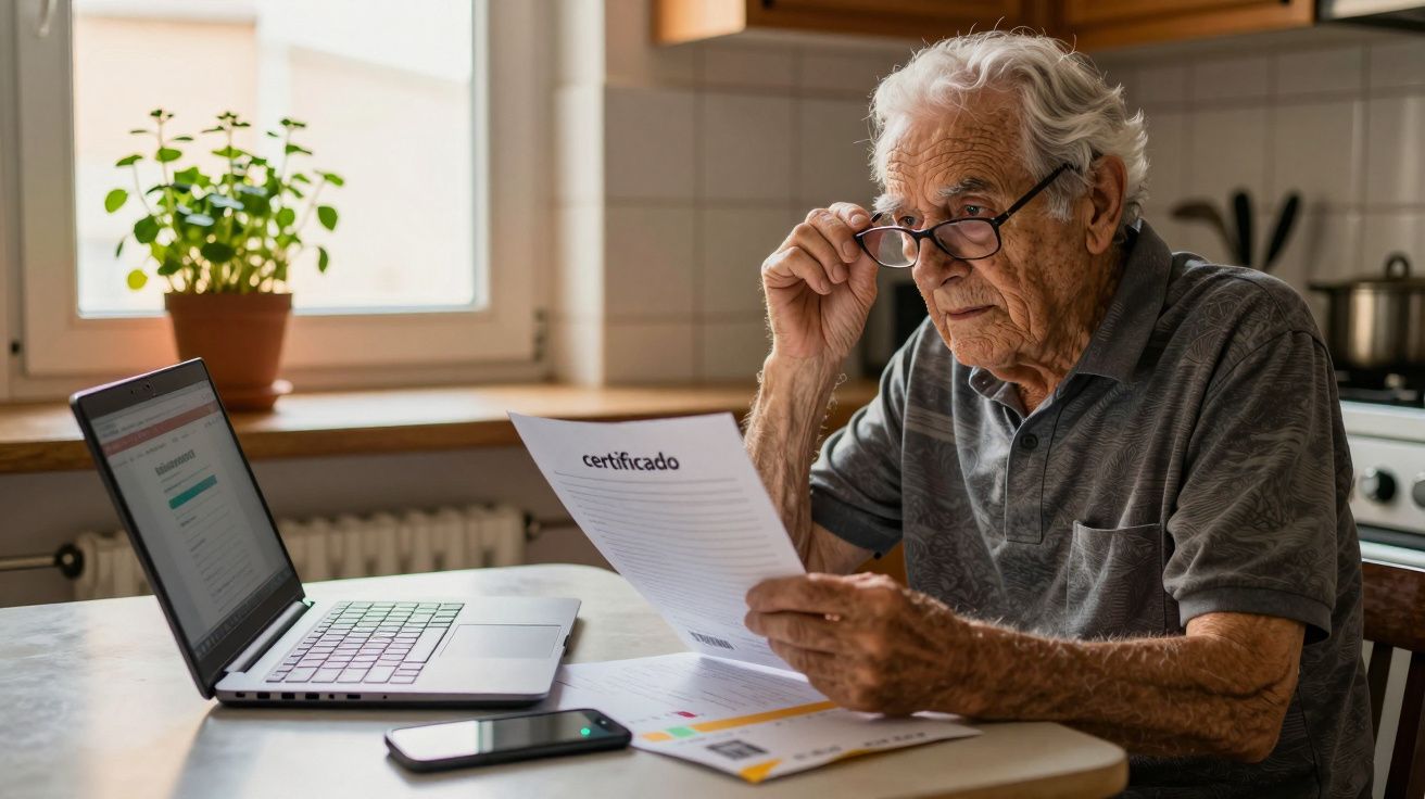 Idoso a analisar um certificado sentado numa cozinha, com portátil e telemóvel sobre a mesa.