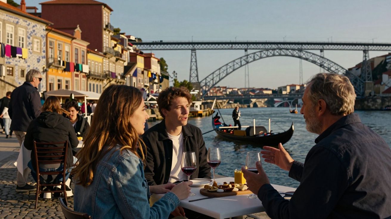 Três pessoas conversam e bebem vinho numa esplanada junto ao rio, com o Ponte Dom Luís I ao fundo, ao pôr do sol.