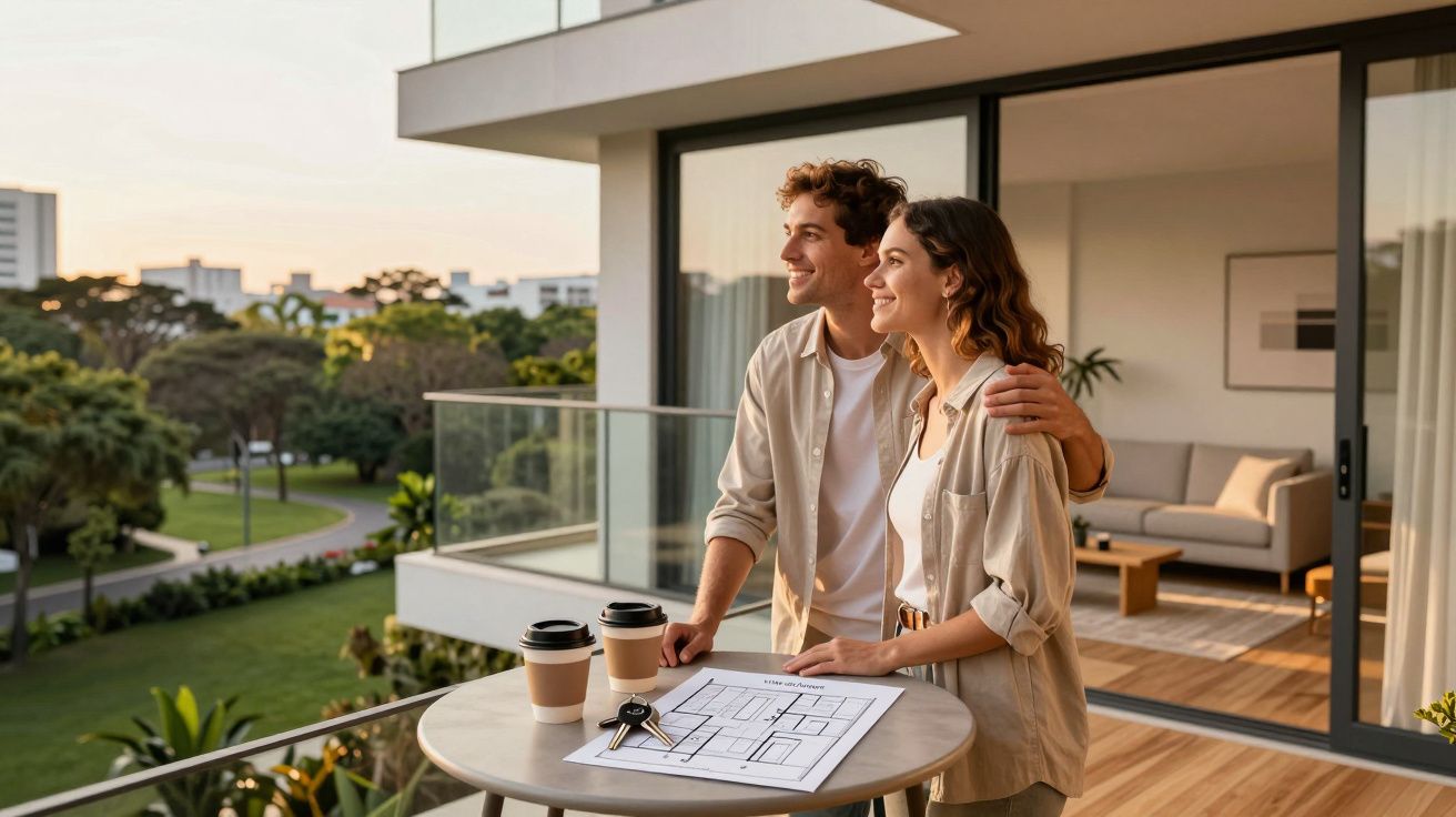 Casal jovem a sorrir na varanda de um apartamento com planta, chaves e cafés sobre a mesa.