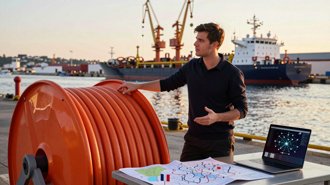 Homem junto a um porto, com bobina grande laranja, laptop e mapas sobre mesa ao pôr do sol.