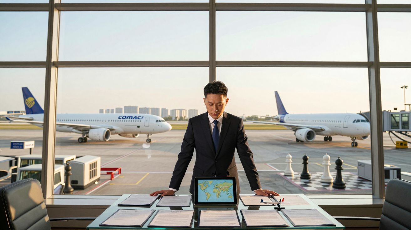 Homem de negócios em fato contempla mapa num computador, com aviões e tabuleiro de xadrez no aeroporto ao fundo.