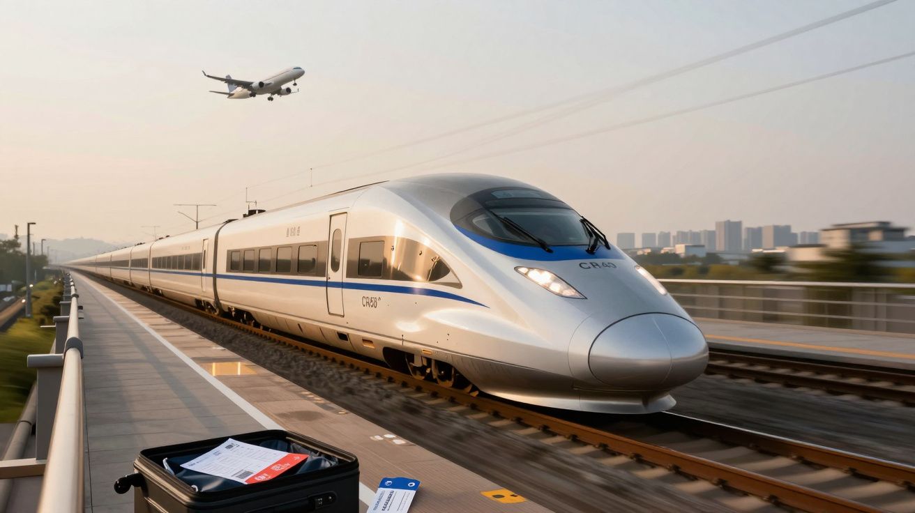 Comboio de alta velocidade em movimento numa estação com avião a descolar ao fundo ao pôr do sol.