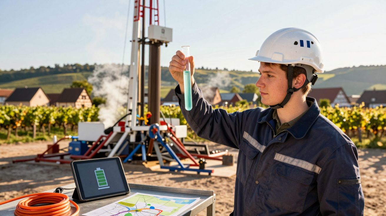 Técnico com capacete branco examina tubo de ensaio com líquido azul numa área industrial ao ar livre.