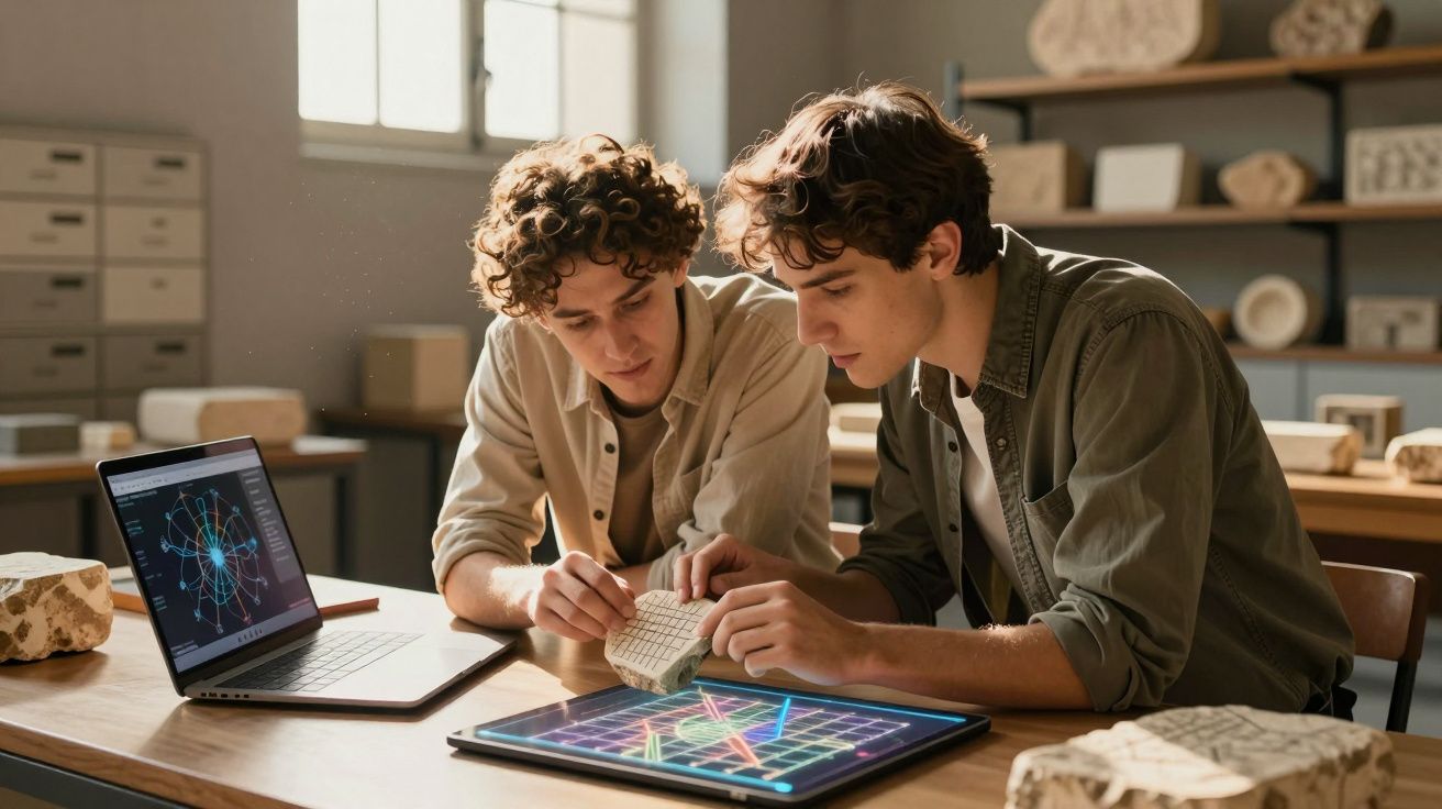 Dois jovens estudam artefatos com tablet e computador num estúdio bem iluminado.