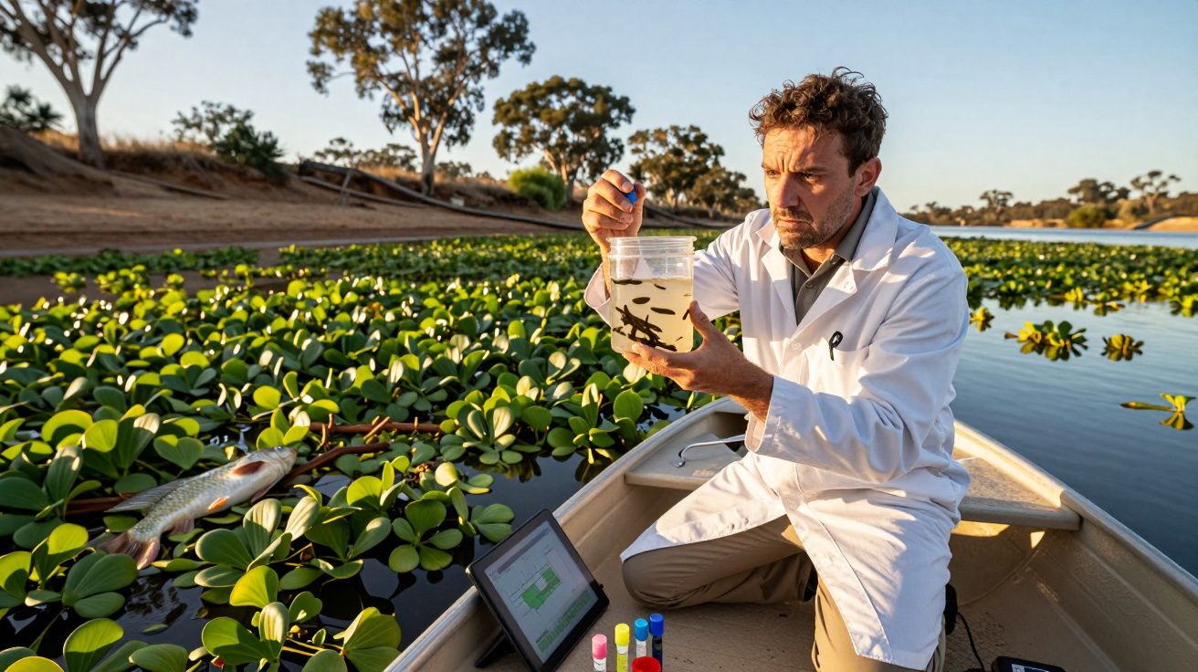 Cientista em barco analisa amostras de água com peixes e vegetação aquática ao redor.