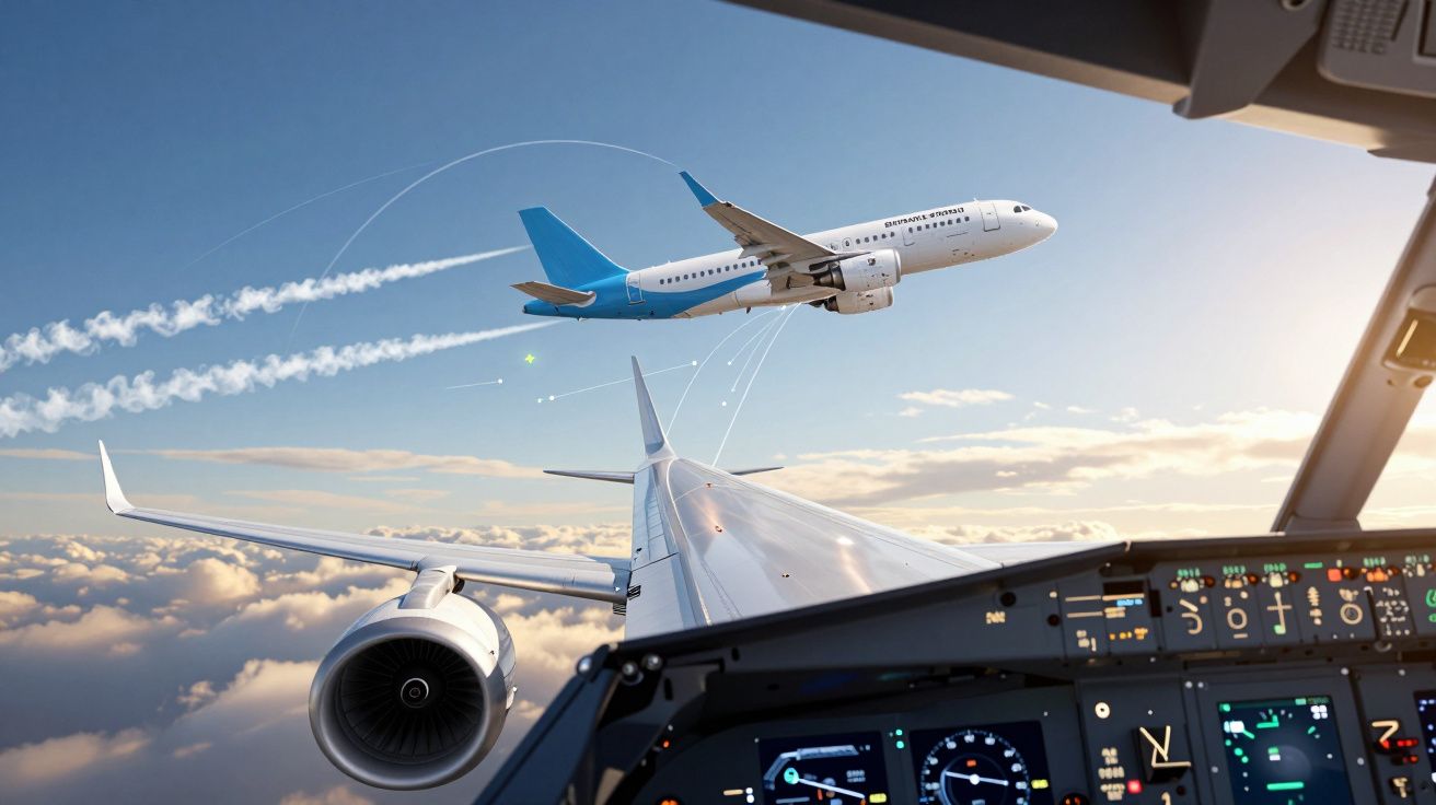 Vista da cabine de pilotagem de um avião em voo próximo a outra aeronave no céu com nuvens e céu limpo ao pôr do sol.