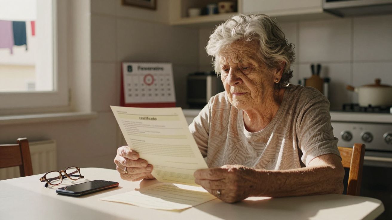 Idosa sentada à mesa da cozinha a ler um documento com expressão preocupada.