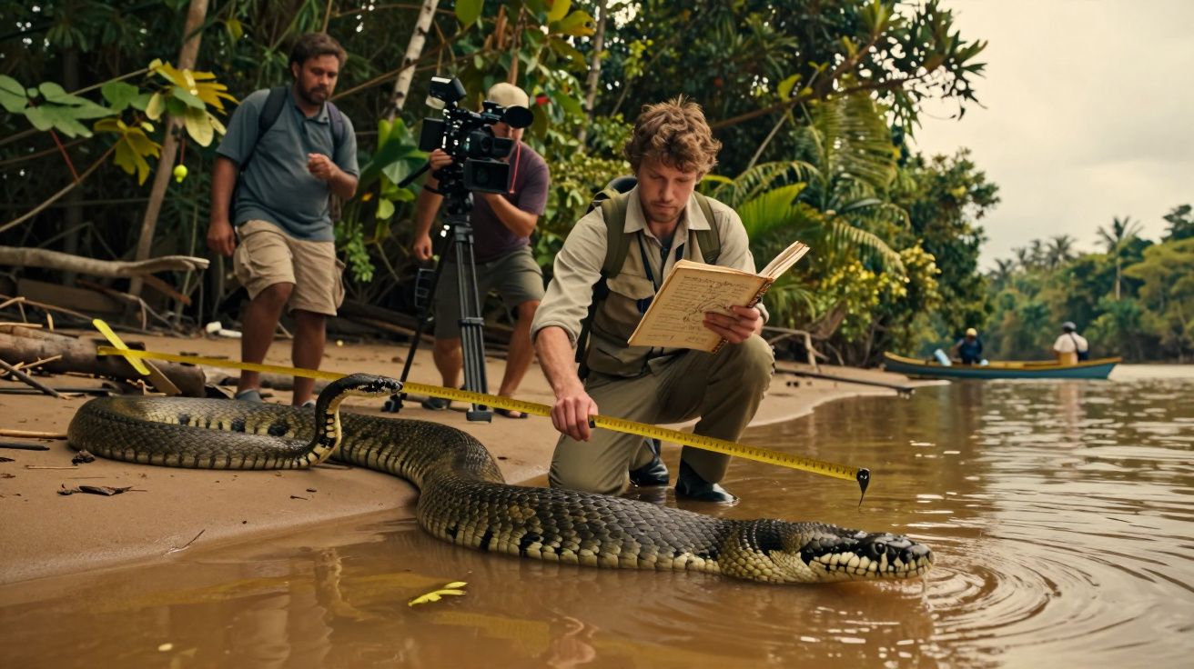Homem mede uma grande cobra anaconda junto a um rio, enquanto outras pessoas filmam a cena na floresta.