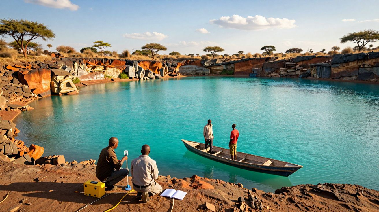 Quatro homens entre rochas junto a uma lagoa de água azul intensa sob céu azul com nuvens.