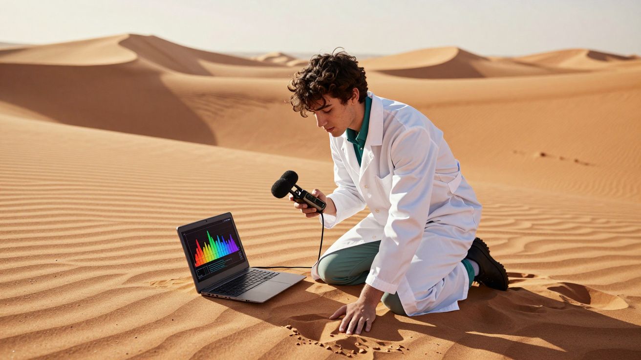 Cientista jovem de bata branca mede sons do deserto com microfone e computador portátil sobre areia.