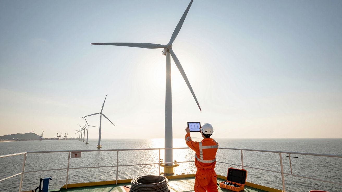 Trabalhador com fato de proteção laranja a inspeccionar turbinas eólicas offshore ao pôr do sol.