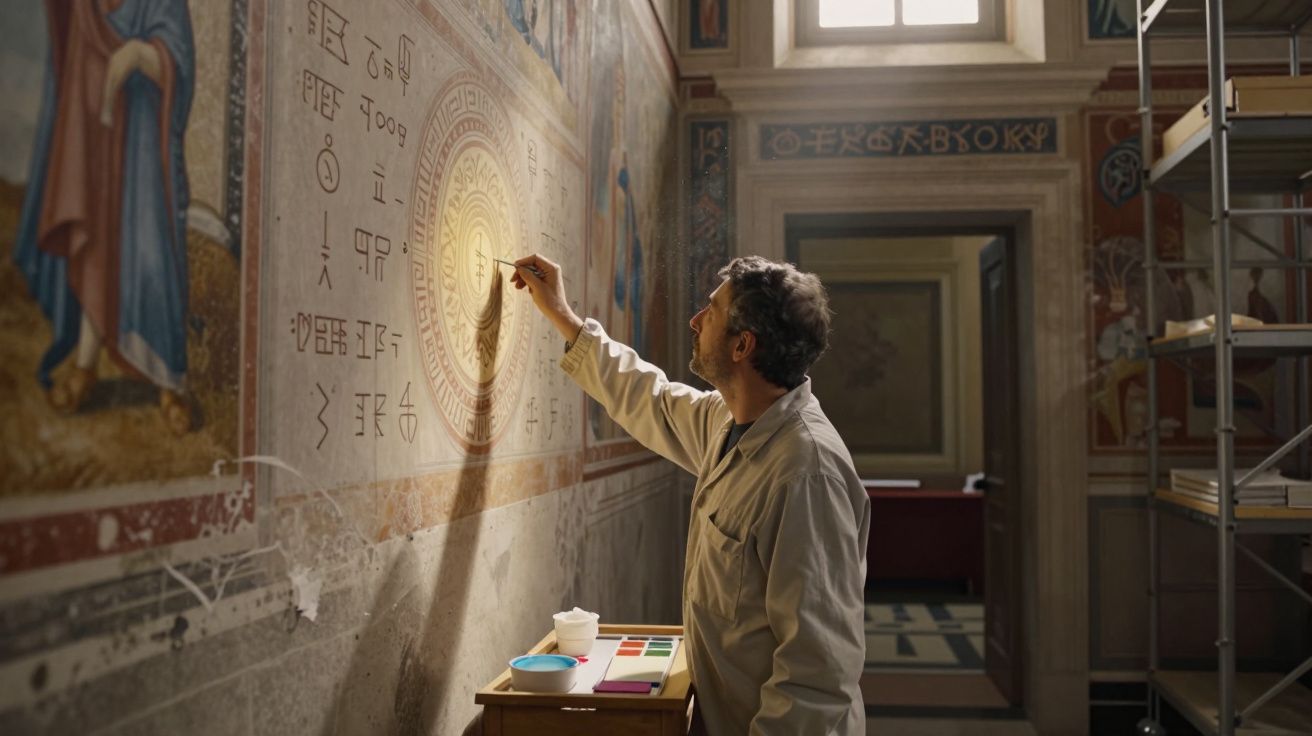 Homem pinta detalhes de mural antigo com símbolos e figuras num interior decorado e iluminado.