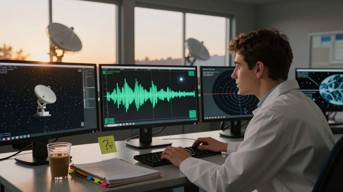 Jovem cientista em bata branca analisa dados de ondas sonoras e imagens de antenas parabólicas em vários ecrãs.