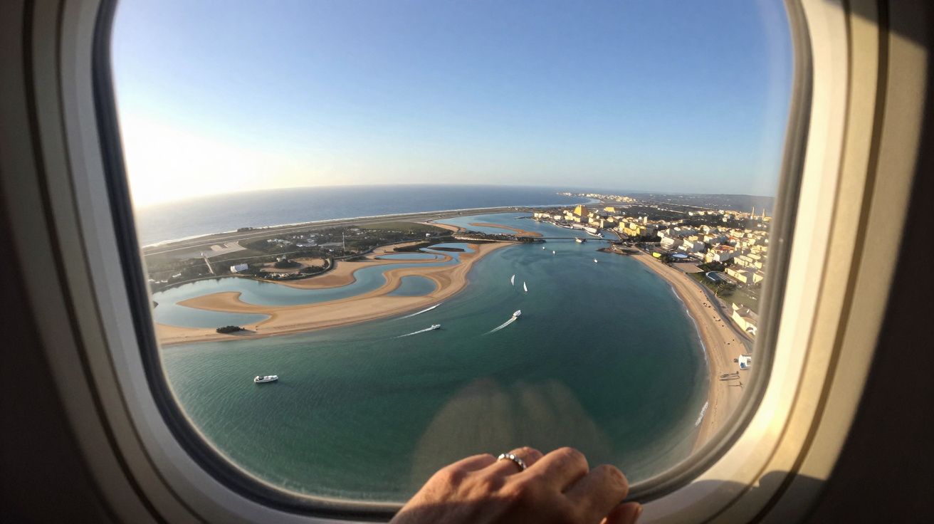 Vista aérea da costa marítima com barcos e areia visível, enquadrada pela janela de um avião.