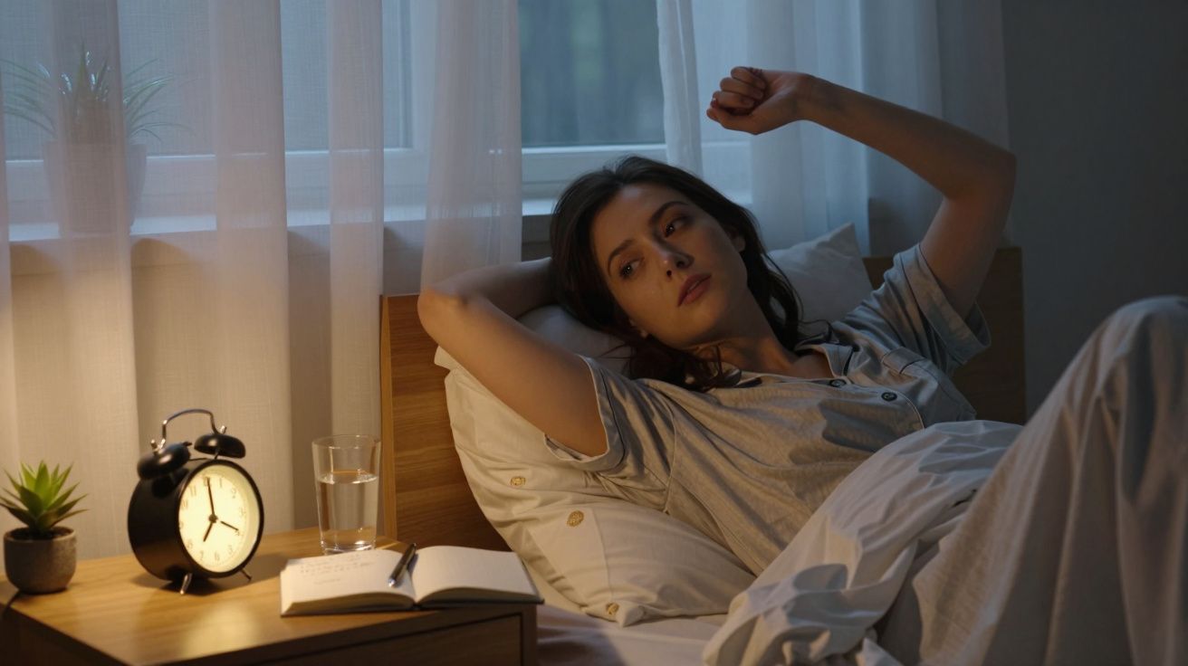 Mulher acorda na cama ao amanhecer, com relógio, copo de água, caderno e planta na mesa de cabeceira.