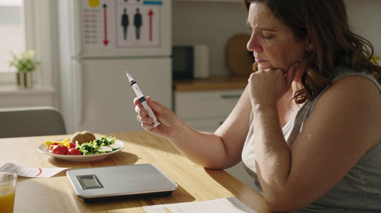 Mulher sentada à mesa a preparar insulina com comida e balança de cozinha à frente.
