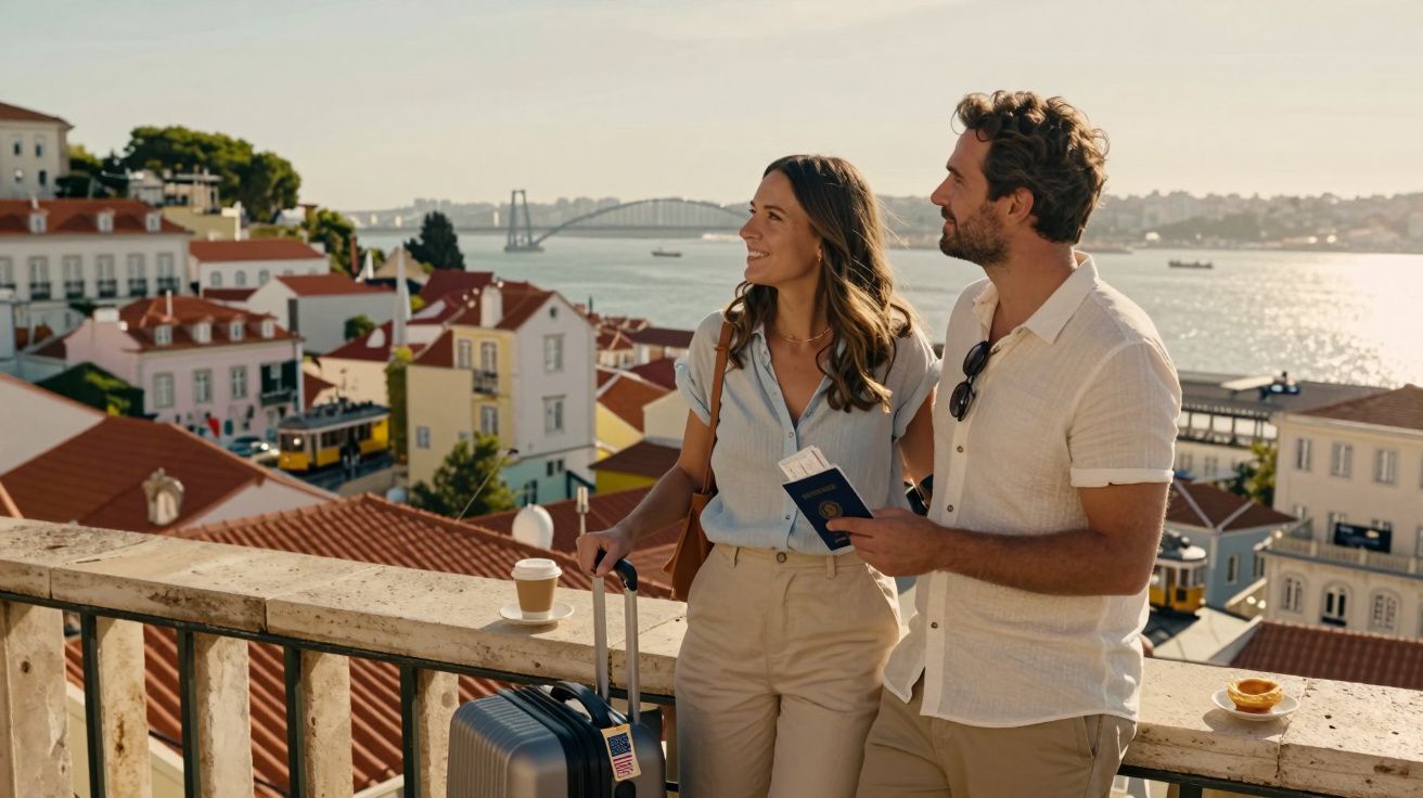 Casal com passaportes e mala desfruta vista da cidade e rio num dia ensolarado em Lisboa.