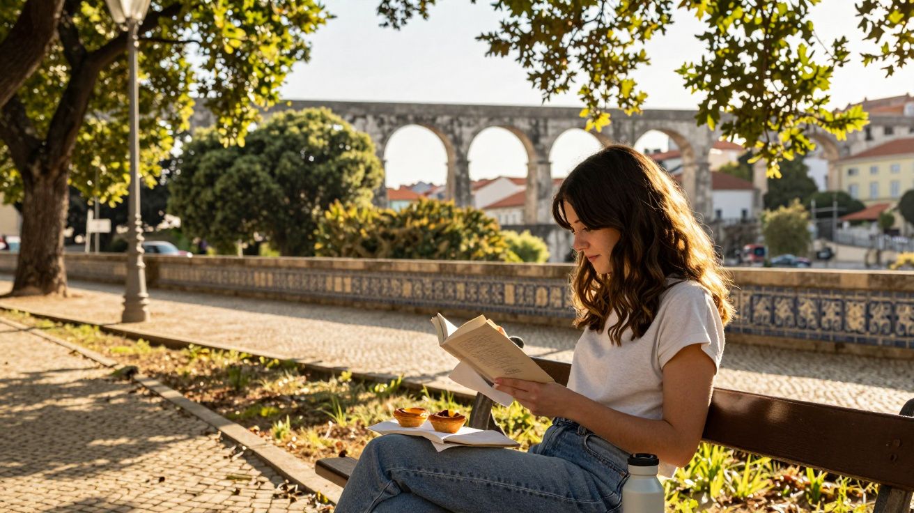 Jovem sentada num banco a ler um livro ao sol, com aqueduto e árvores em fundo numa cidade portuguesa.