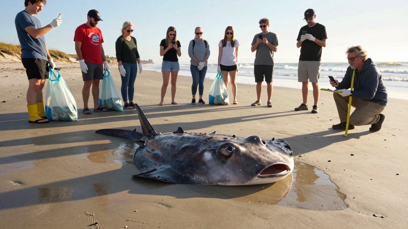 Grupo de pessoas observa e fotografa peixe-lua encalhado numa praia ao nascer do sol.