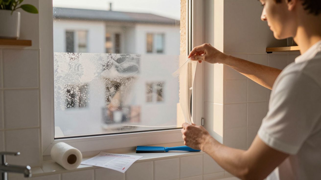 Pessoa a limpar janela de casa com uma espátula e spray de limpeza num ambiente iluminado.