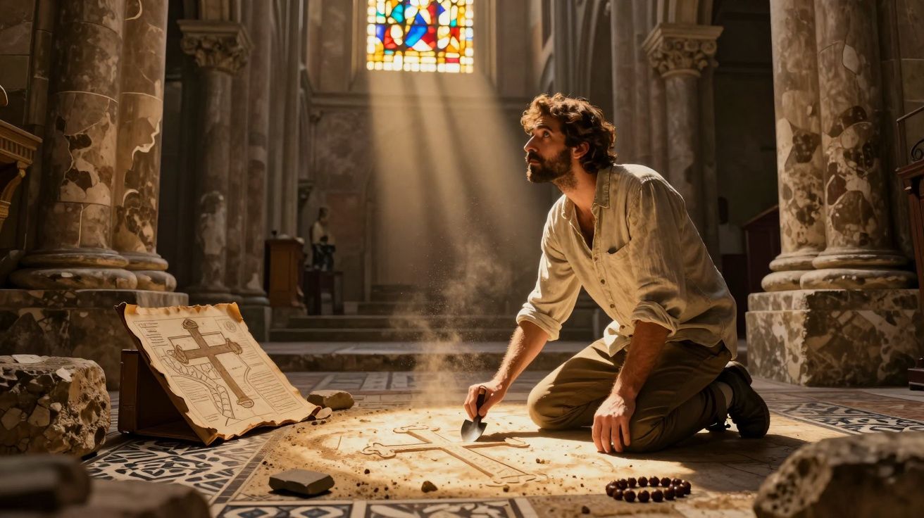 Homem ajoelhado a desenhar cruz no chão de igreja antiga com luz a entrar por vitral colorido.